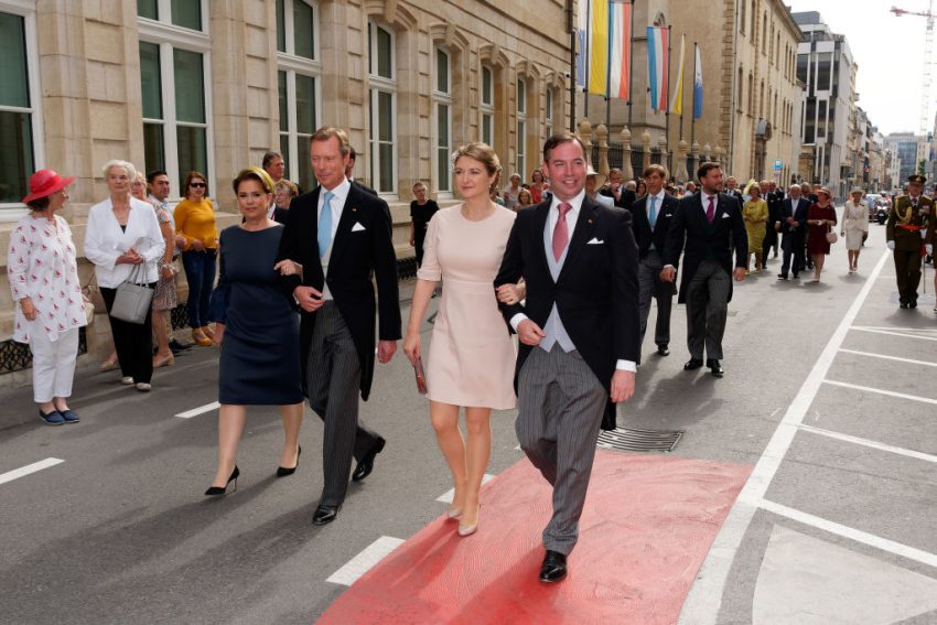 Grand Duke Henri of Luxembourg, Grand Duchess Maria Teresa of Luxembourg, Hereditary Grand Duke Guillaume of Luxembourg, Hereditary Grand Duchess Stephanie leave after attending the Te Deum thanksgiving mass in the Cathedral on the National Day on June 23, 2019 in Luxembourg, Luxembourg. (Photo by Sylvain Lefevre/WireImage) Luxembourg Celebrates National Day : Day Two